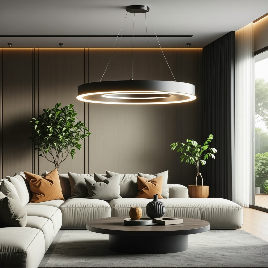 Stylish large pendant light illuminating a modern living room