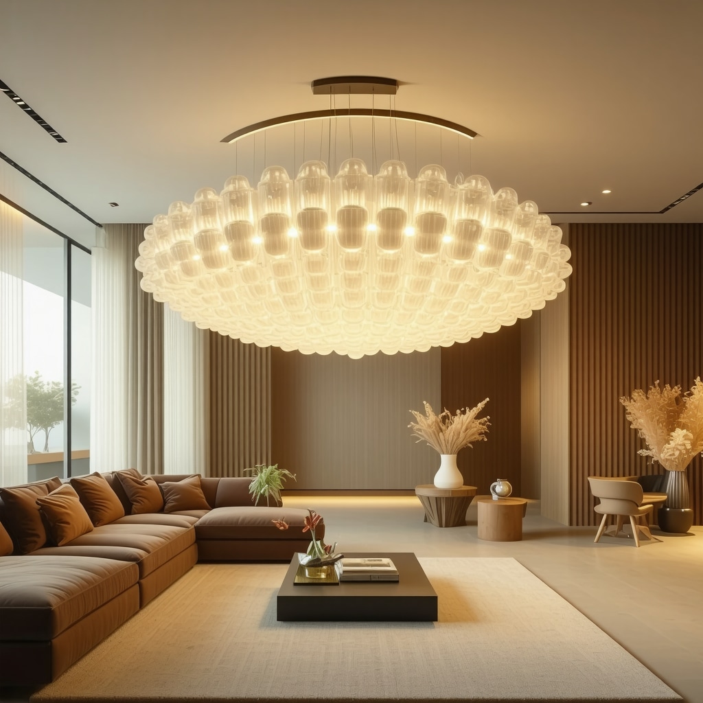 Futuristic large chandelier with innovative materials and LED lighting in a modern interior