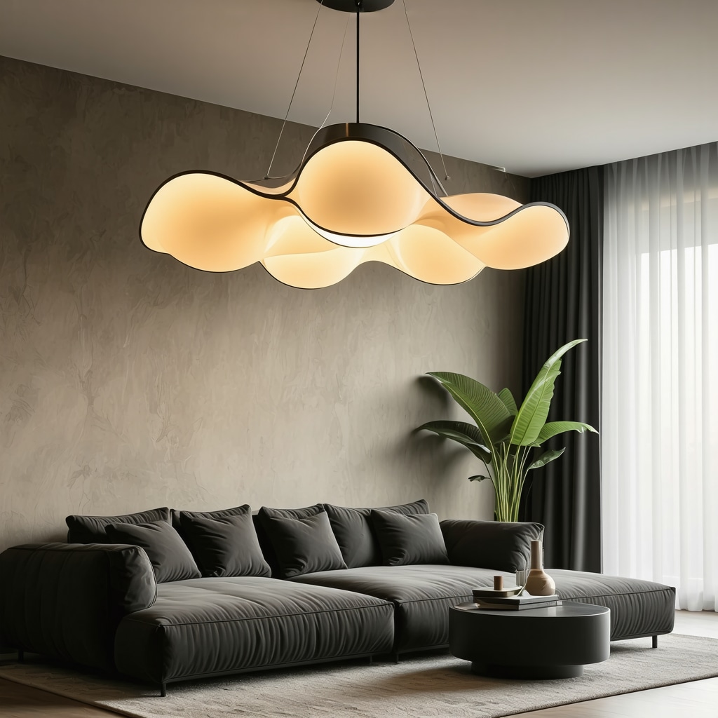 A modern sculptural pendant light with organic forms and integrated smart lighting features in a contemporary living room.