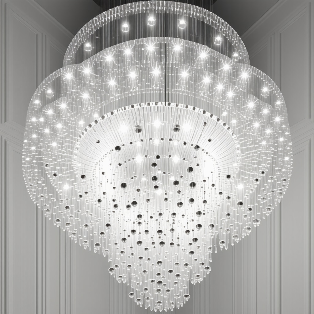 Advanced crystal chandelier with smart technology in a modern luxury living room
