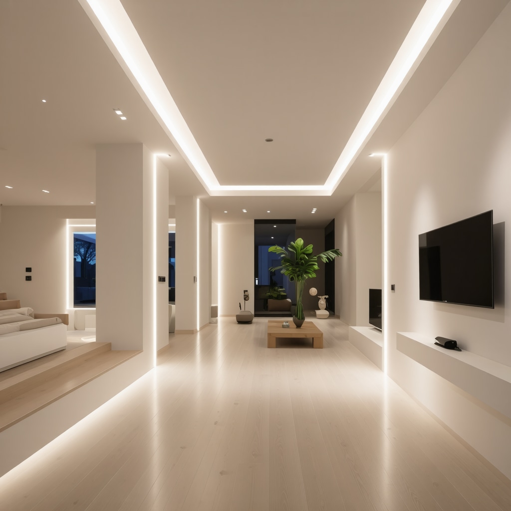 Interior of a modern home showcasing OLED panels and smart lighting controls.