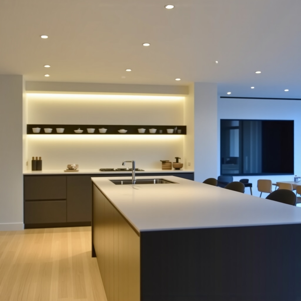 Modern kitchen with advanced layered lighting and smart LED controls