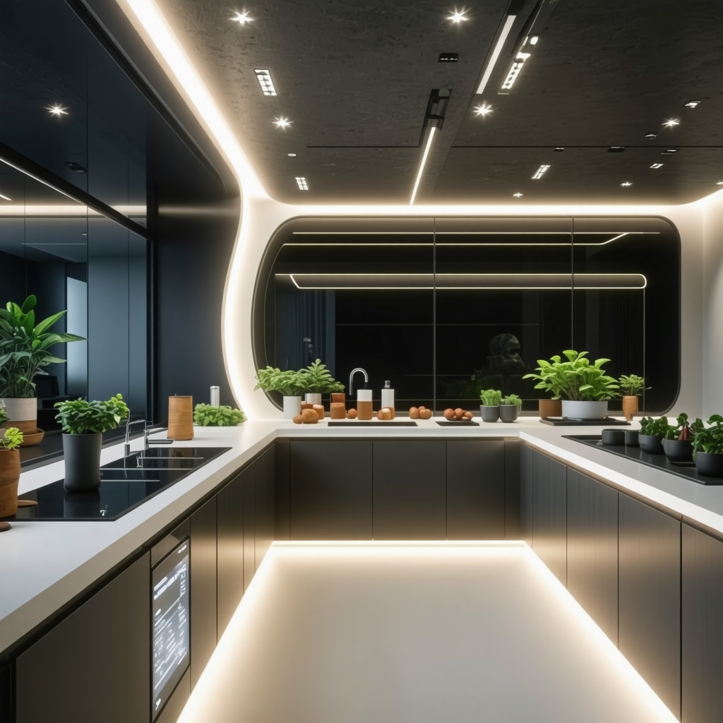Modern smart kitchen with integrated LED lighting and automation system