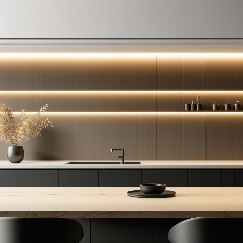 Modern kitchen illuminated with layered lighting and smart LED controls