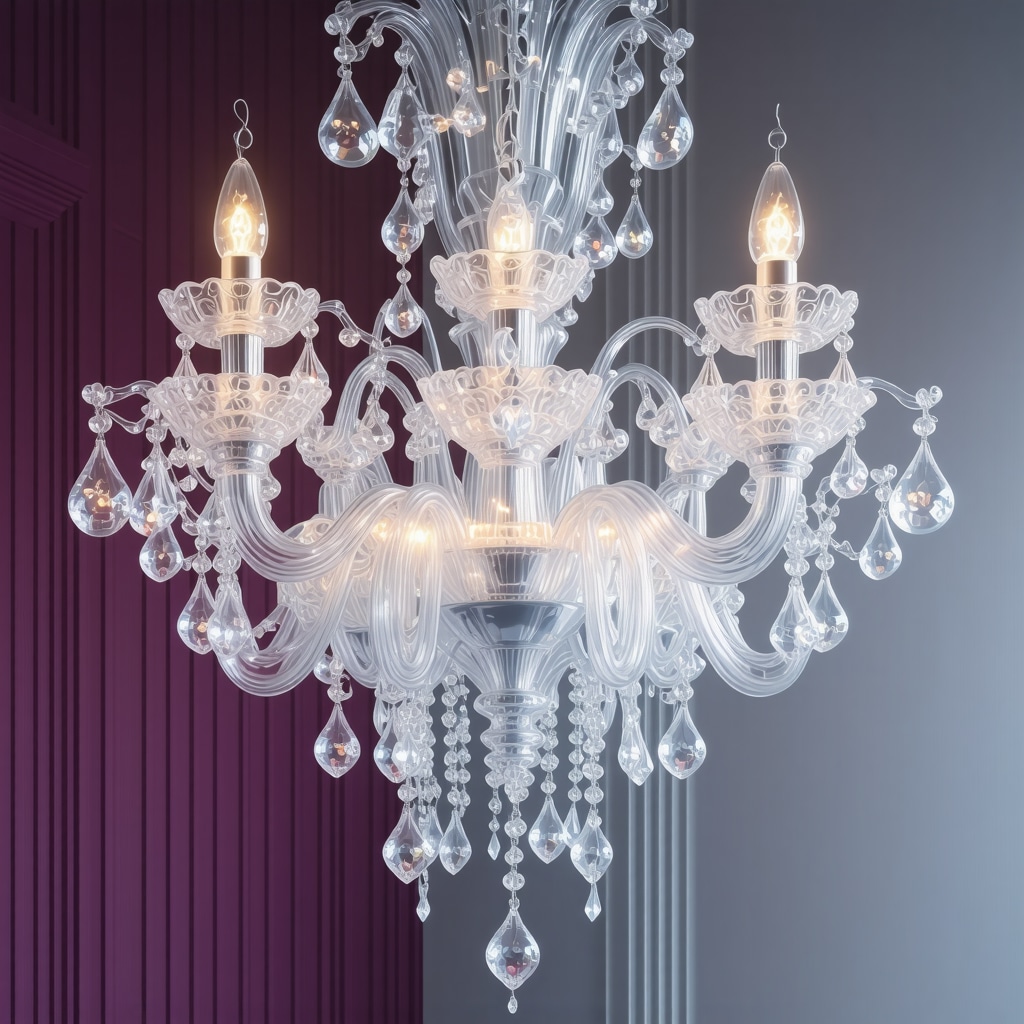 Futuristic crystal chandelier with innovative shapes and colorful lighting