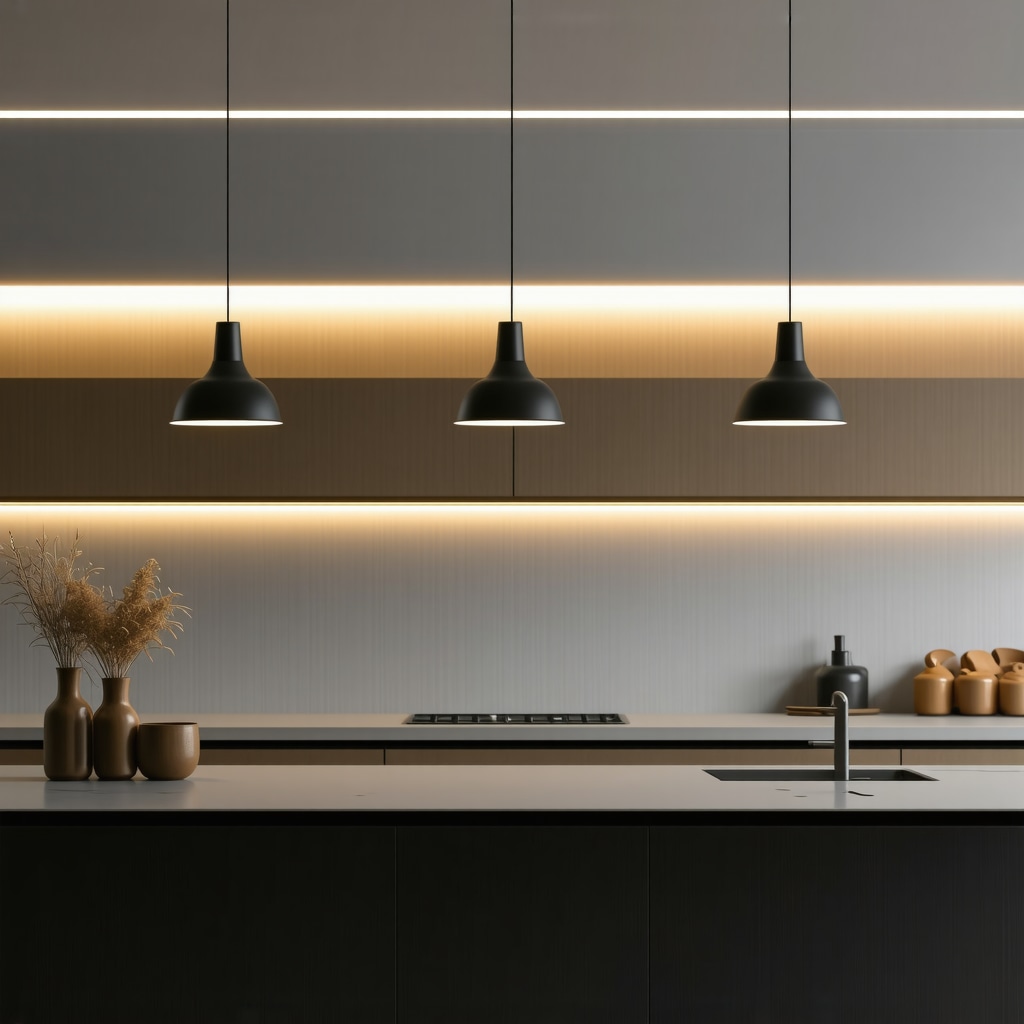 Modern kitchen with layered lighting, LED strips, and pendant lamps.
