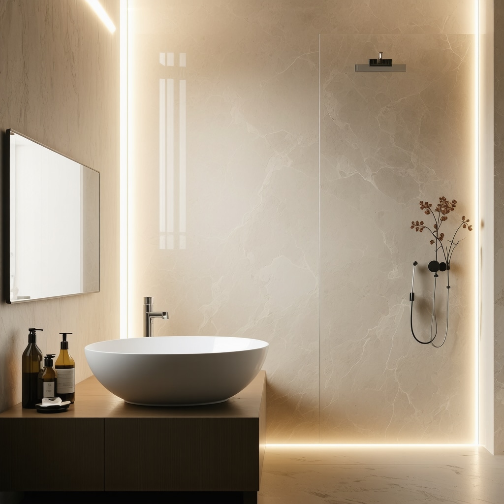 OLED panel integrated into bathroom surface for ambient lighting
