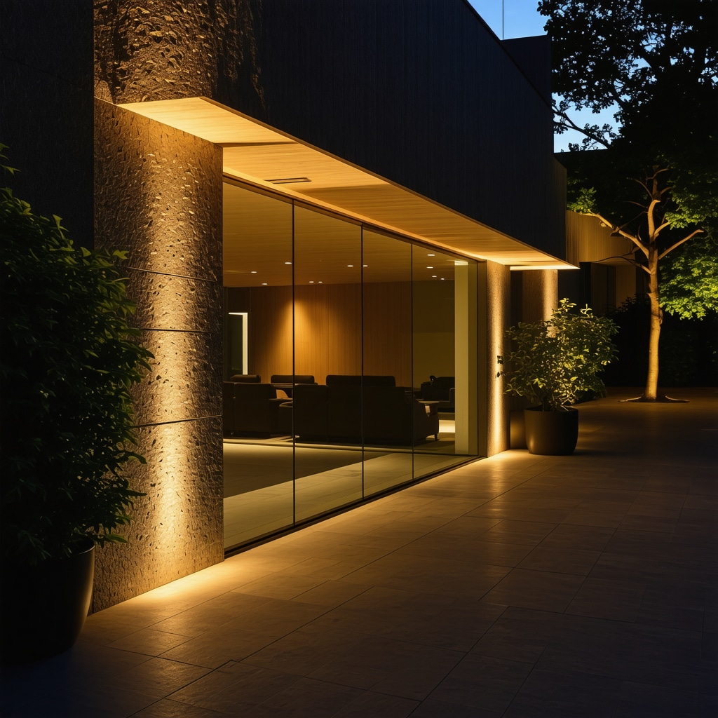 Contemporary outdoor lighting illuminating architectural details at night