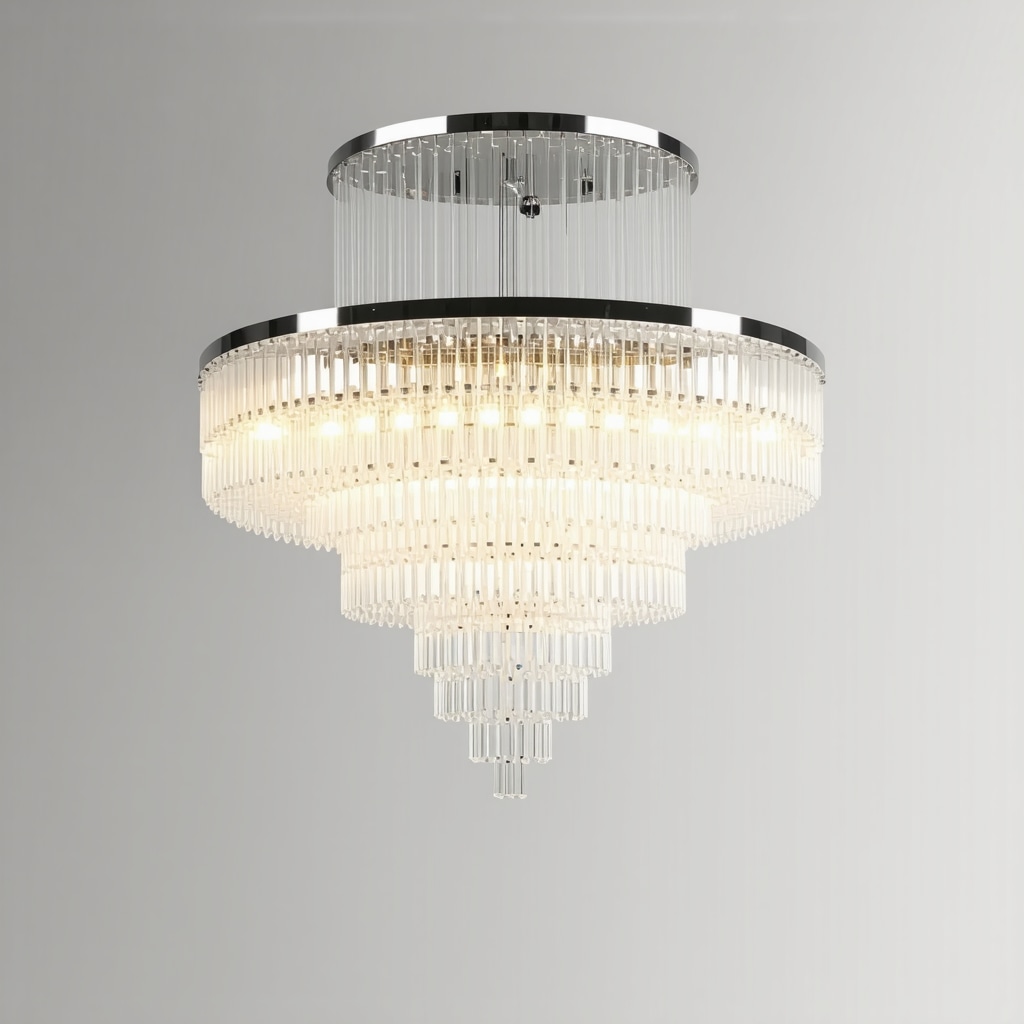 High-tech crystal chandelier with automation features in stylish living room