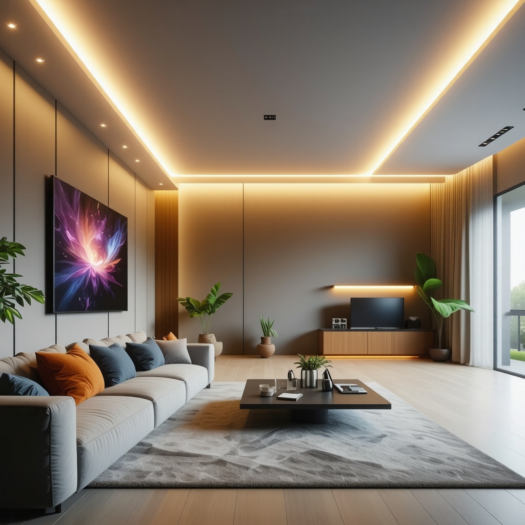 High-tech smart home lighting with LED panels and voice control
