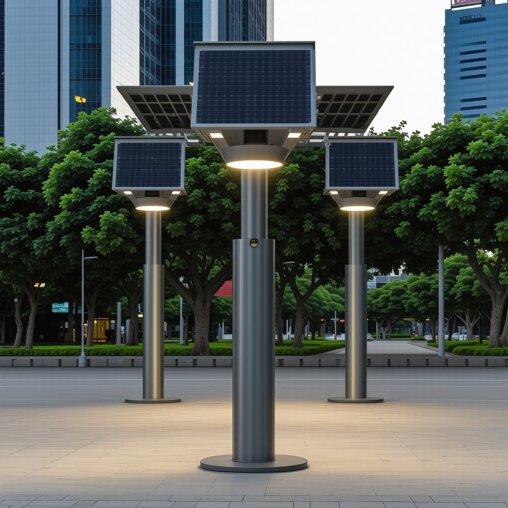 Modern outdoor lighting with solar panels and sensors in an urban environment
