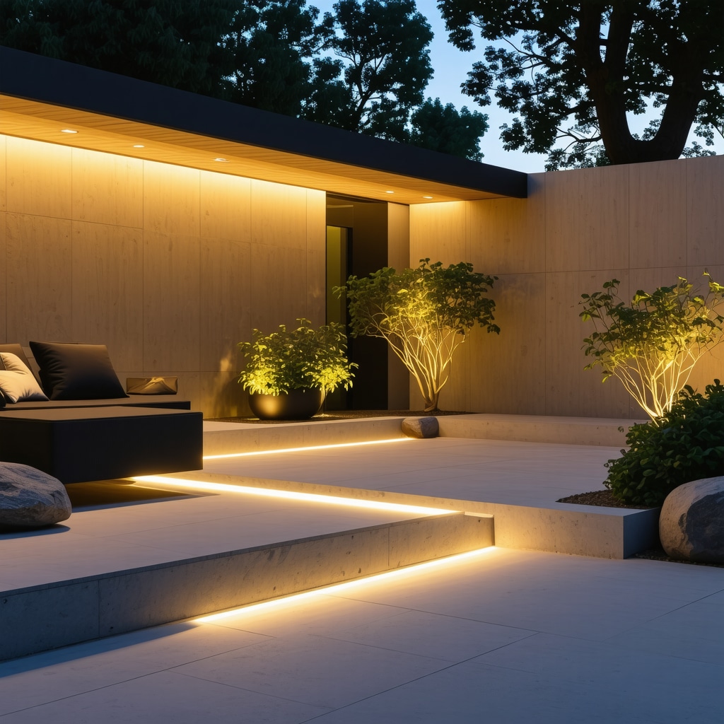 Modern outdoor LED lighting with smart controls illuminating a stylish garden
