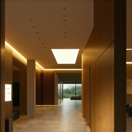 Interior of a smart home with AI-controlled lighting and sensors