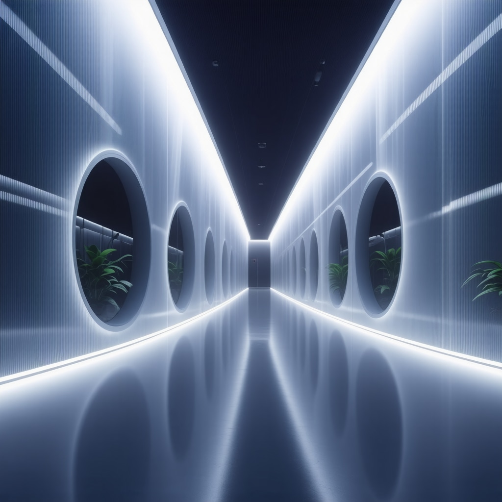 Futuristic bioinspired LED system simulating natural sunlight in a modern interior.
