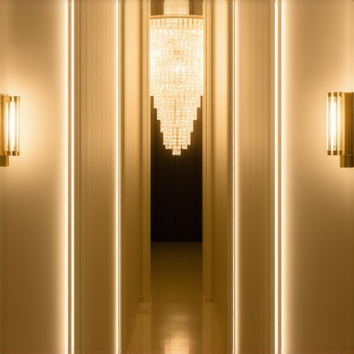 Hallway with layered lighting including LED strips, wall lamps, and chandelier, creating a sophisticated ambiance