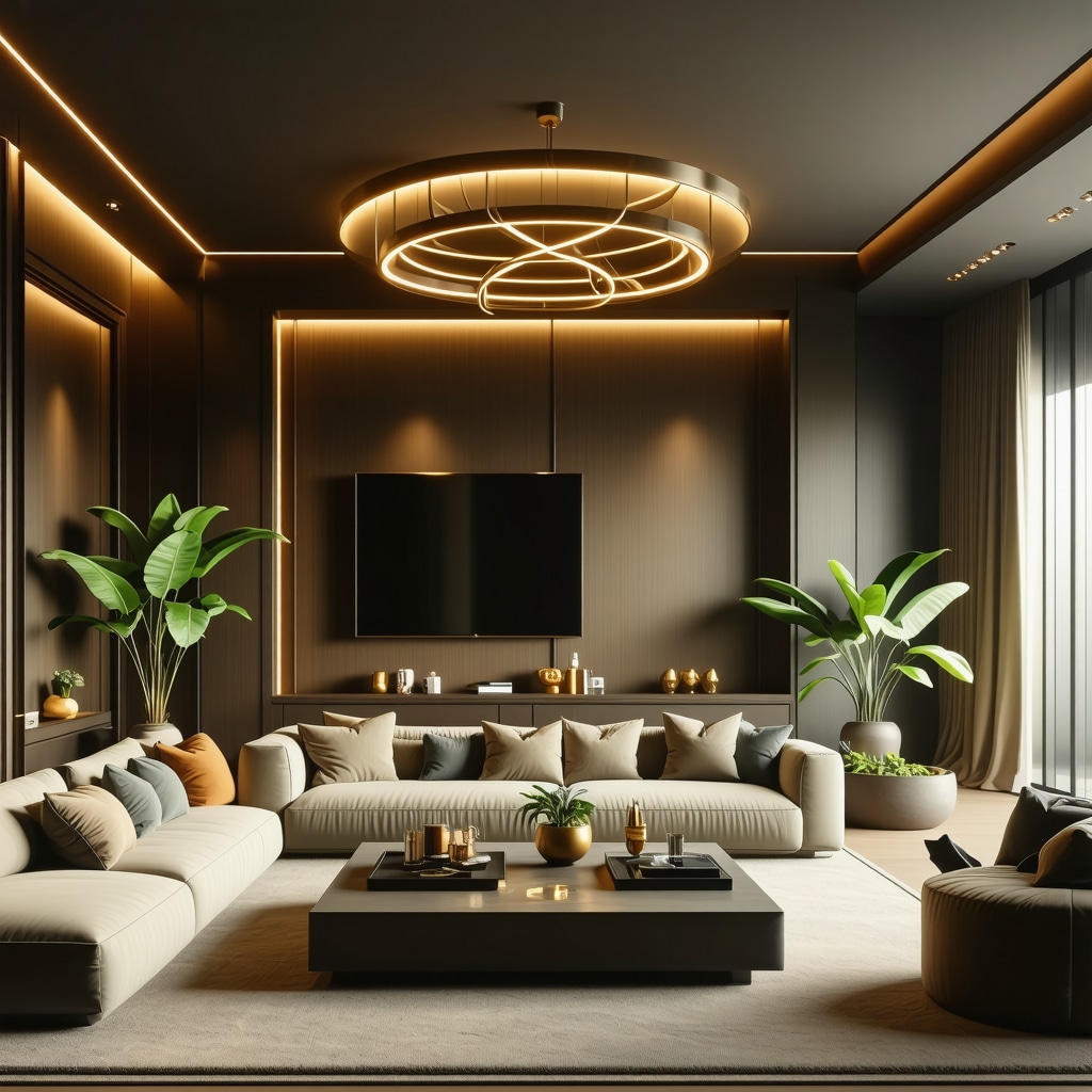 Modern living room featuring elegant bronze brushed brass lighting fixtures