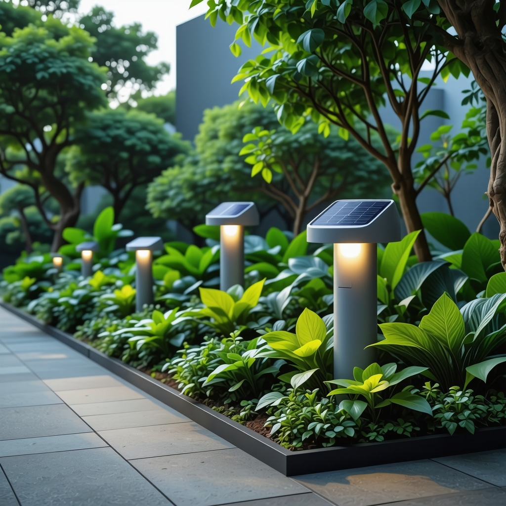Advanced garden lighting system with solar panels and sensors, illustrating innovation in outdoor illumination