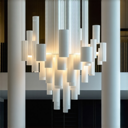 Interior design featuring a large sculptural chandelier integrated into modern architecture