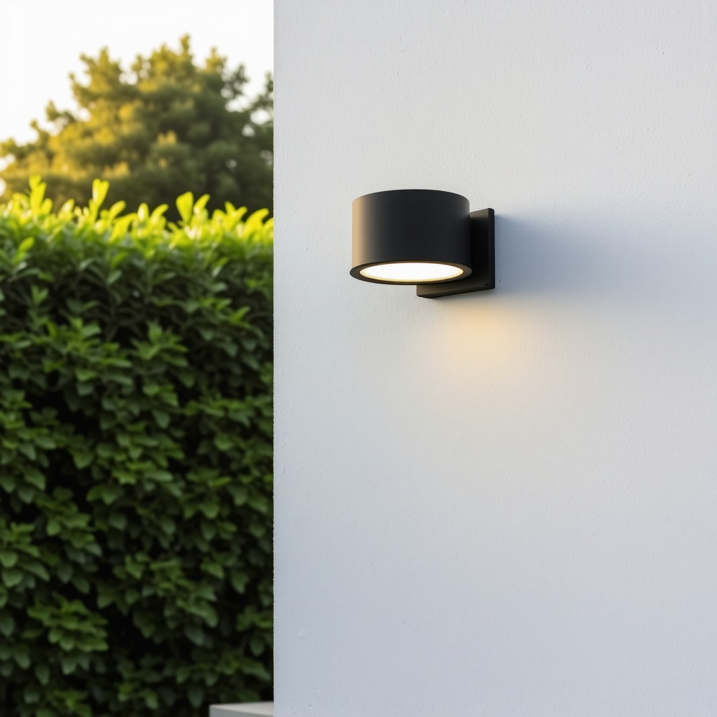 Contemporary outdoor wall light with IoT sensors and sleek aesthetic in garden setting