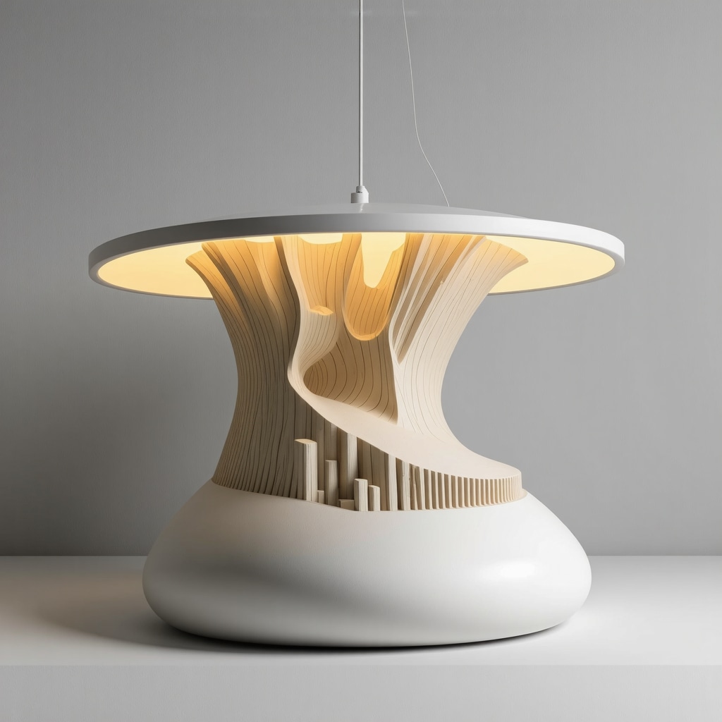 Modern lighting fixtures with organic shapes, natural materials, and advanced control systems.