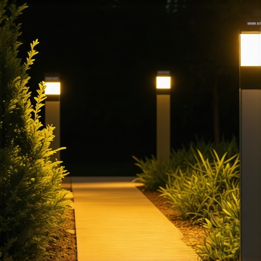 Futuristic Outdoor Lighting with Sensors and OLED Advanced outdoor lighting system with integrated sensors and OLED panels illuminating a modern garden.