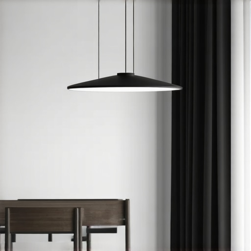 Black LED pendant lamp with smart controls in a modern living room