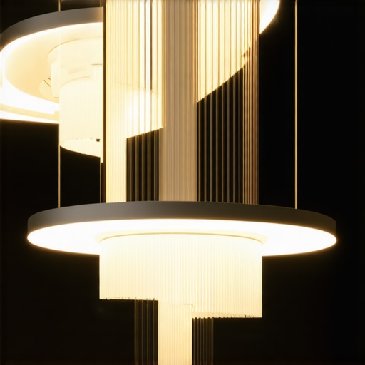 A modern hanging chandelier with integrated smart technology, sleek design, and ambient lighting