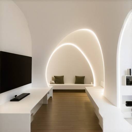 Modern smart home showcasing OLED and Li-Fi lighting, eco-friendly design, high-tech features