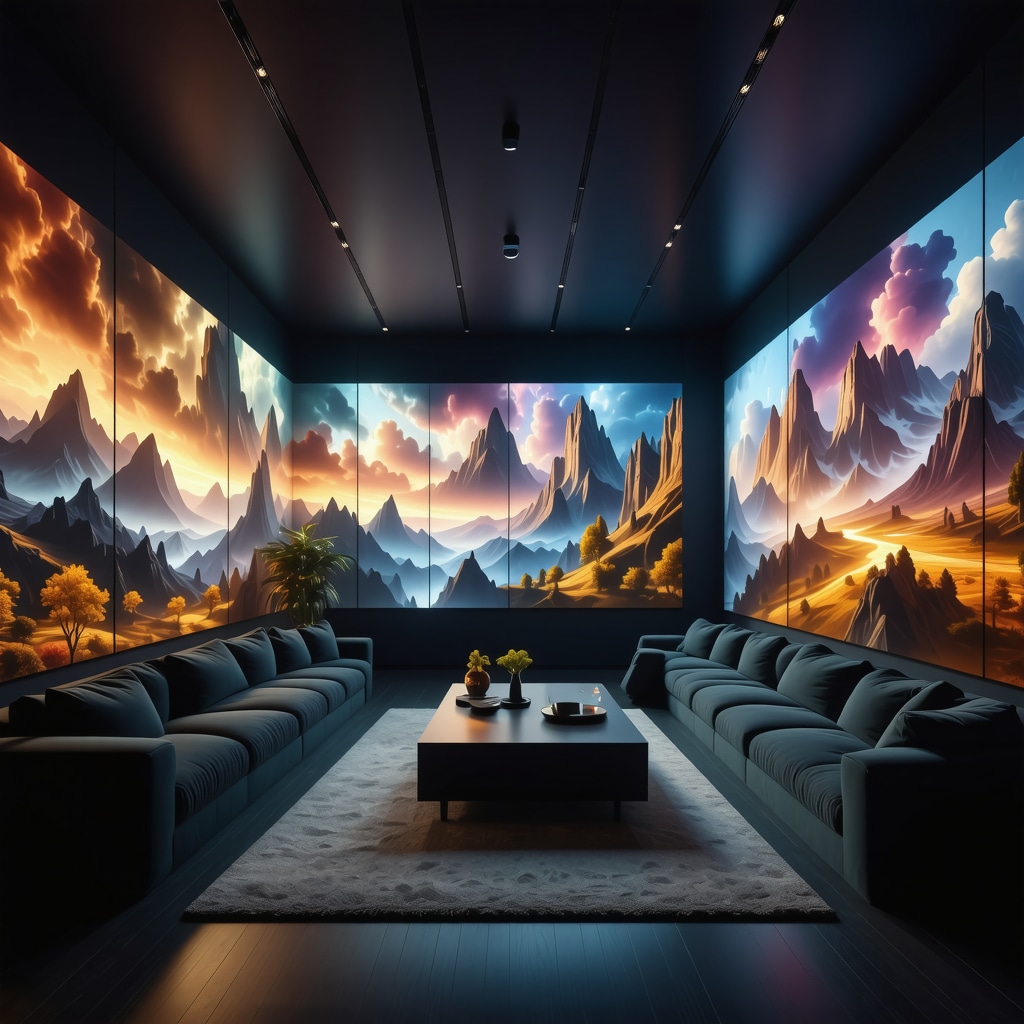 Interior space with interactive lighting screens displaying changing colors and scenes, emphasizing technological innovation