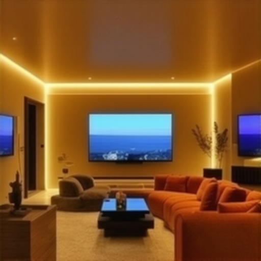 Modern living room with advanced smart lighting and digital controls