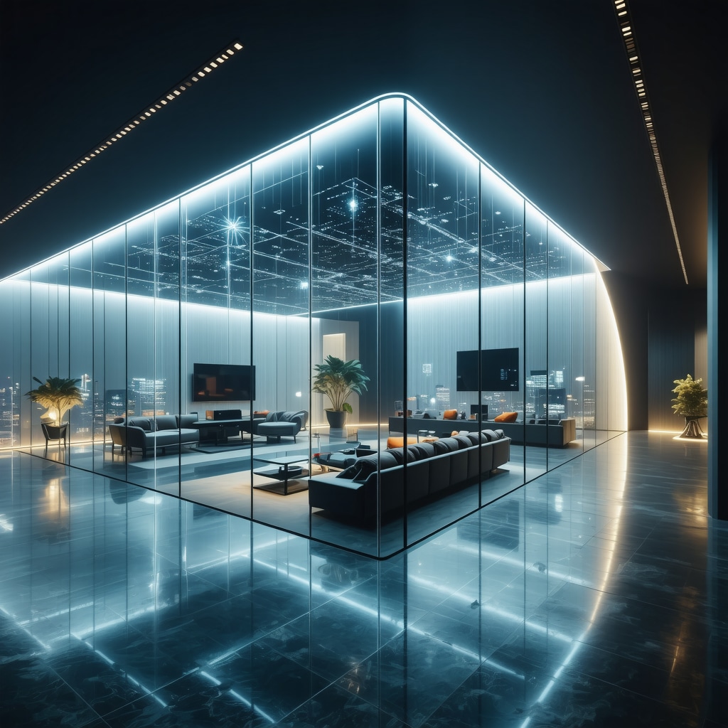 Modern interior with intelligent glass panels controlling light and privacy