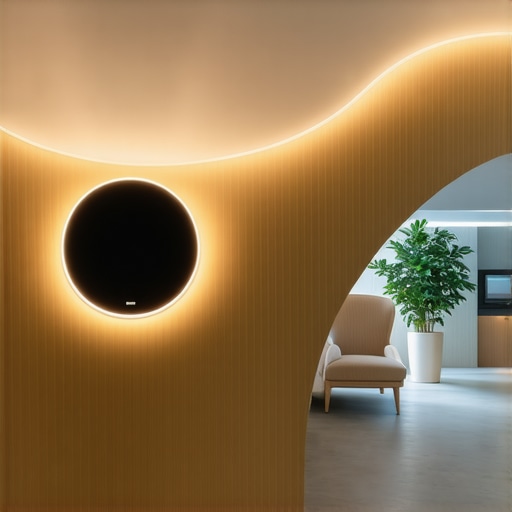 Interior of a futuristic smart home showing AI-controlled lighting and IoT devices