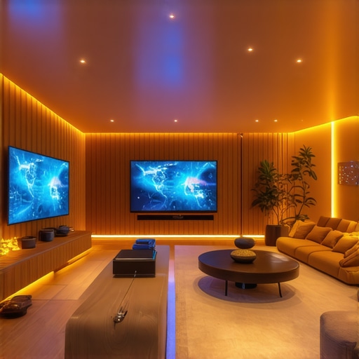 Interior of a modern smart home with holographic lighting and AI integration