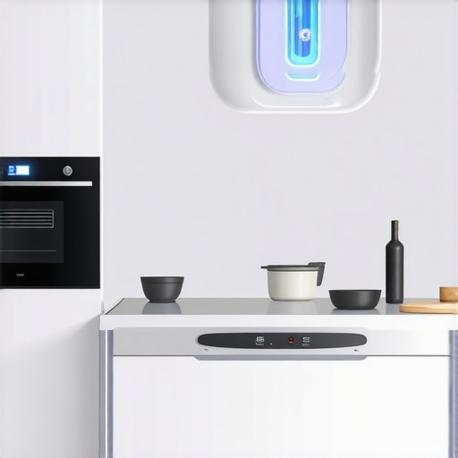 Modern kitchen featuring biometric sensors and intelligent lighting system