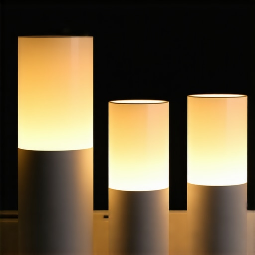 High-tech smart floor and table lamps with AI and sensors, modern minimalistic design, ambient lighting