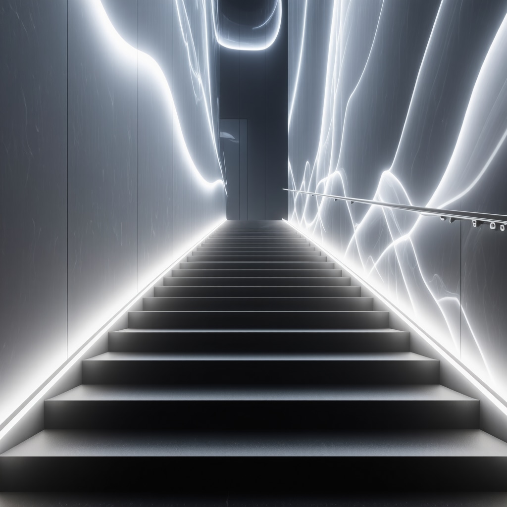 Modern staircase with holographic lighting and biometric sensors
