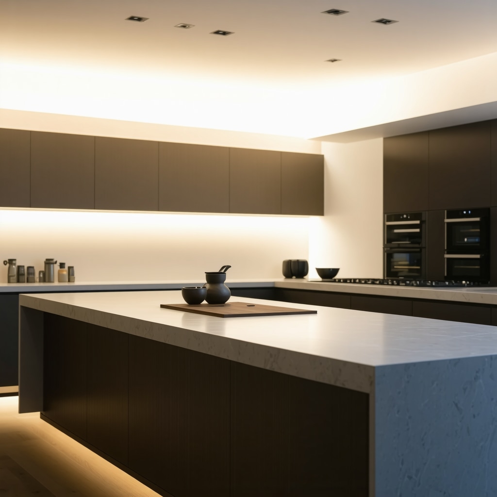 Futuristic layered lighting setup in contemporary kitchen