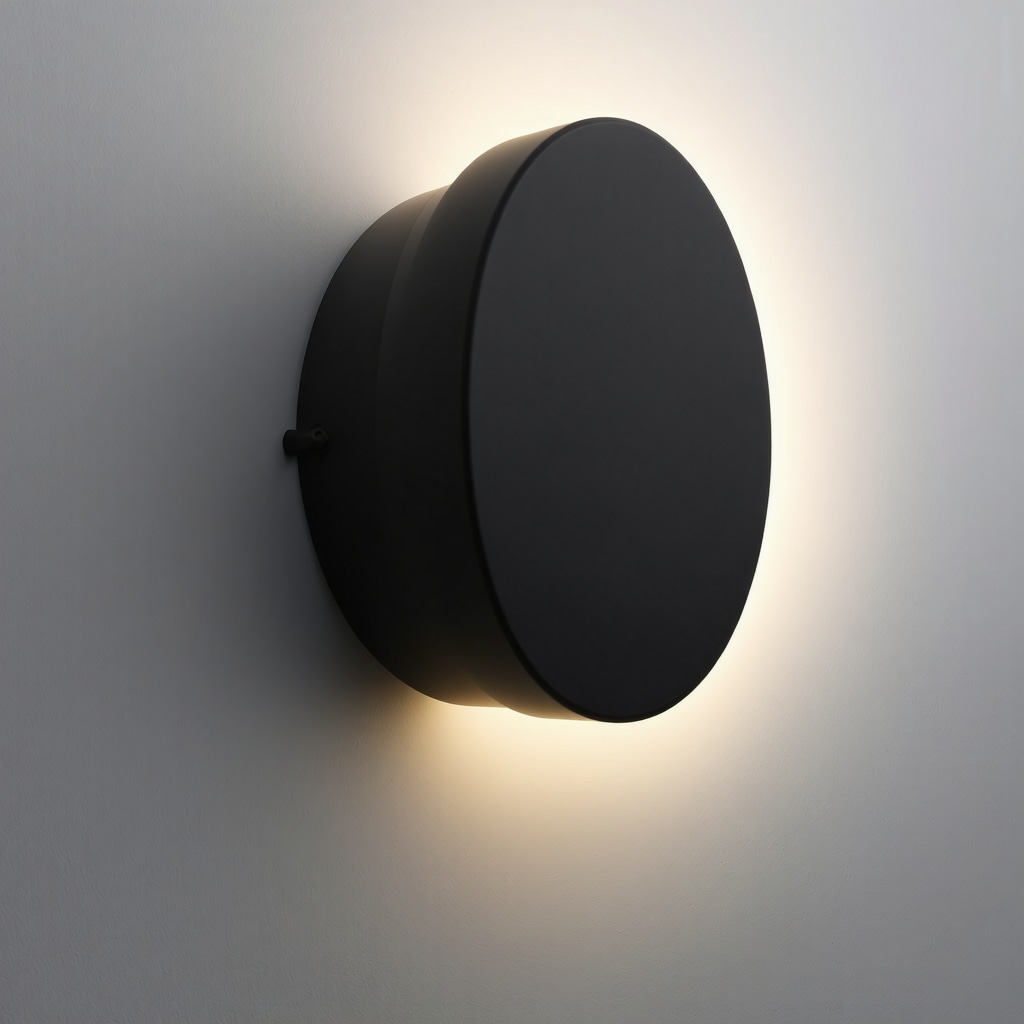Futuristic minimalist wall lamp with smart tech and eco materials.