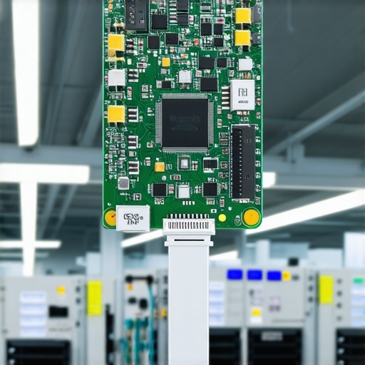 Illustration of IoT module linked to industrial light system for smart control.