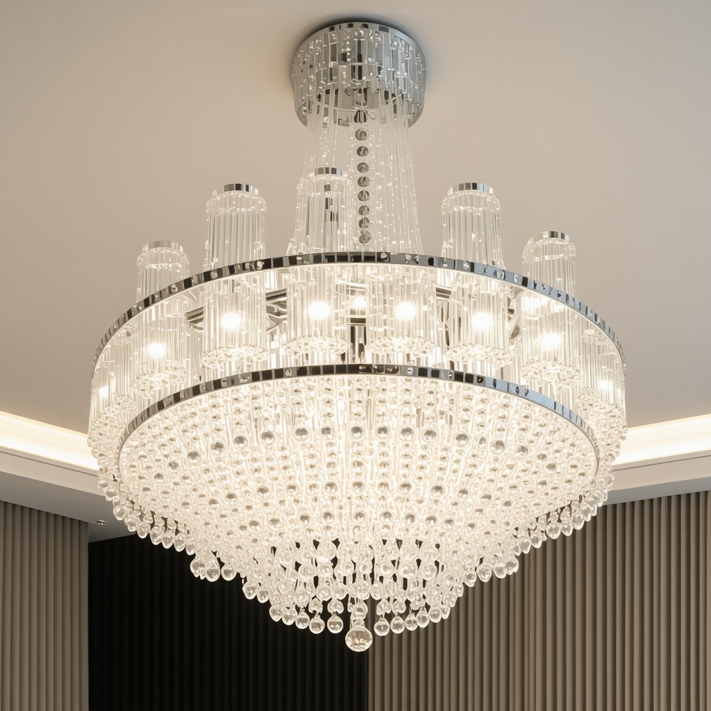 Elegant crystal LED chandelier illuminating a high-end modern interior