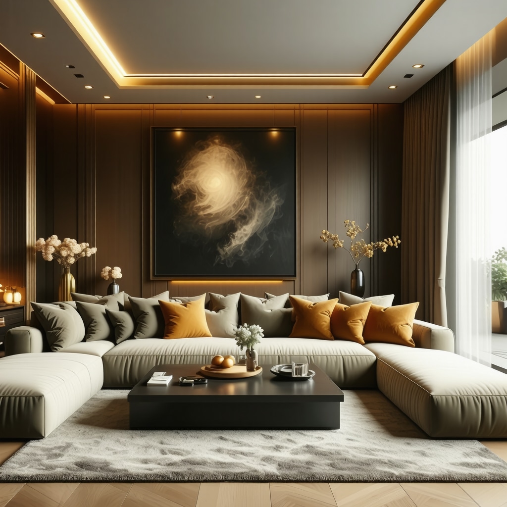 Elegant modern living room with layered lighting and gold accents
