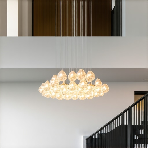 Stylish modern chandelier hanging in a large living room with high ceiling
