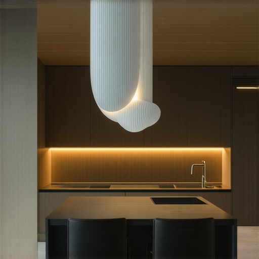 Contemporary kitchen featuring advanced smart lighting and artistic sculptural light fixtures