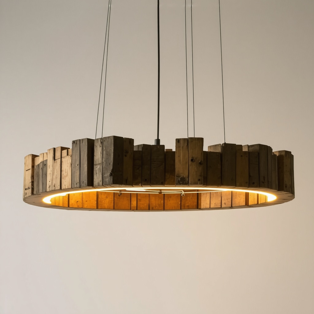 Rustic chandelier made from recycled wood with integrated LED lighting