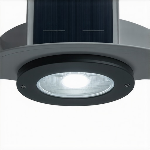Modern solar-powered outdoor ceiling light with sensors Innovative outdoor ceiling light featuring solar panel and motion sensor.