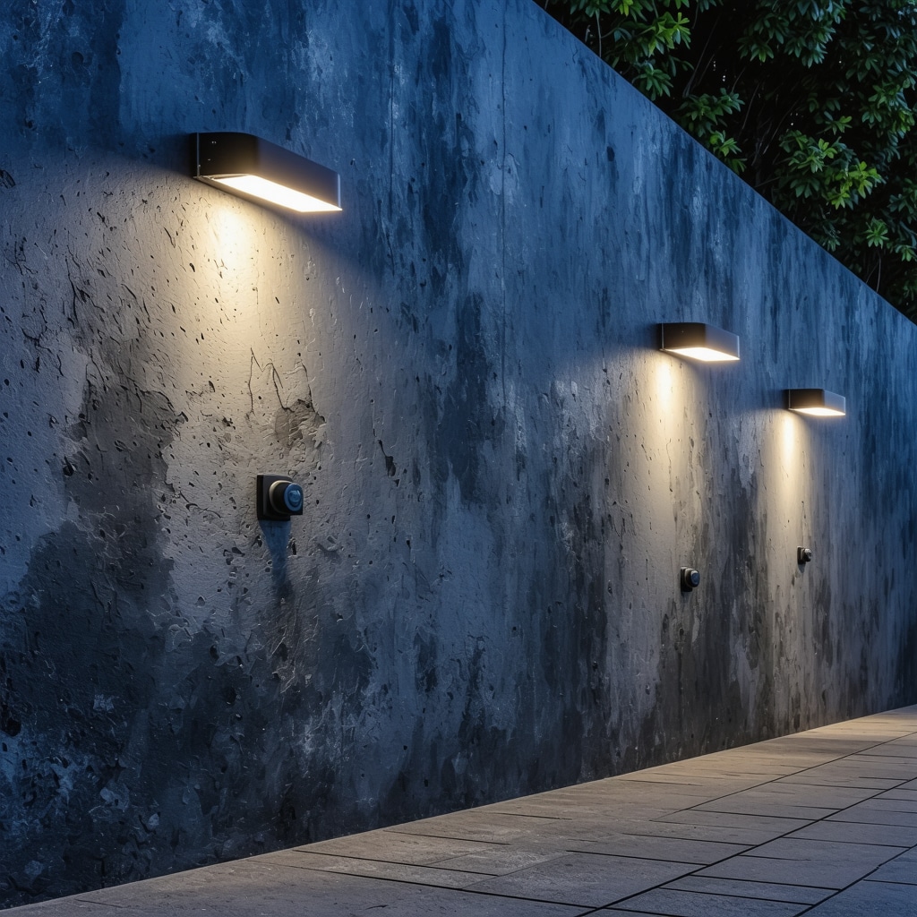 Modern outdoor lighting with sensors and stylish design elements at night