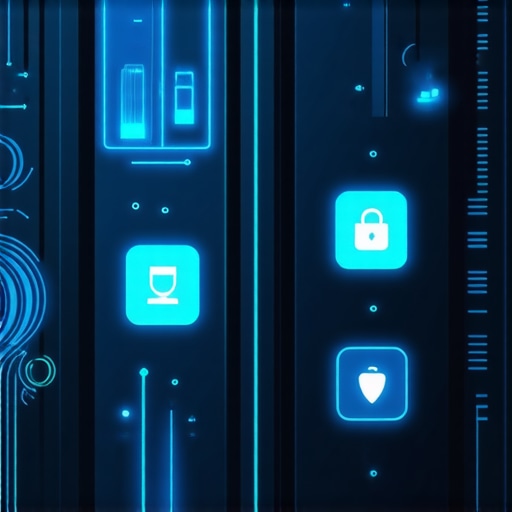 Futuristic control panel for smart lighting systems showing AI analytics and security features
