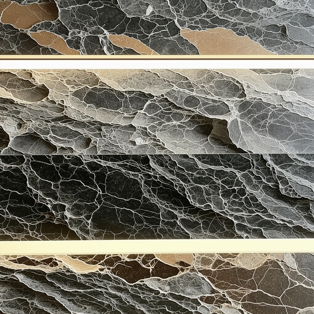 Close-up of wood and stone textures highlighted by LED strips