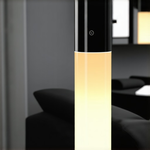 Futuristic modern podna lampa sa smart tehnologijom, LED kontrolama i stilskim dizajnom u elegantnom dnevnom boravku