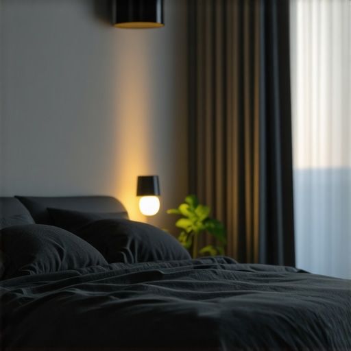 A modern bedroom with integrated smart lighting controls and ambient lighting